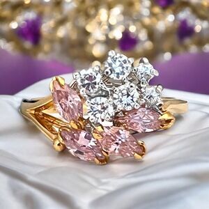 Vintage Ring Size 6 Pink & Clear CZ Cluster 14K Gold Plate Mid-Century14L